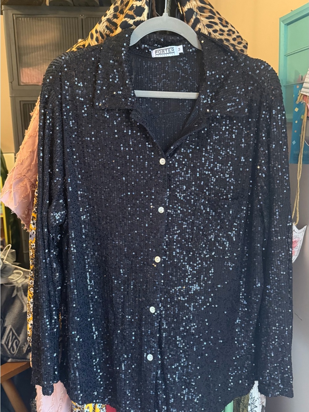 Women's Black Sequin Button-Down Shirt
